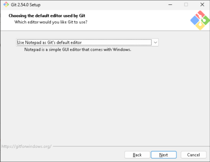 The Git installer's default editor dropdown with 'Use Notepad as Git's default editor' selected