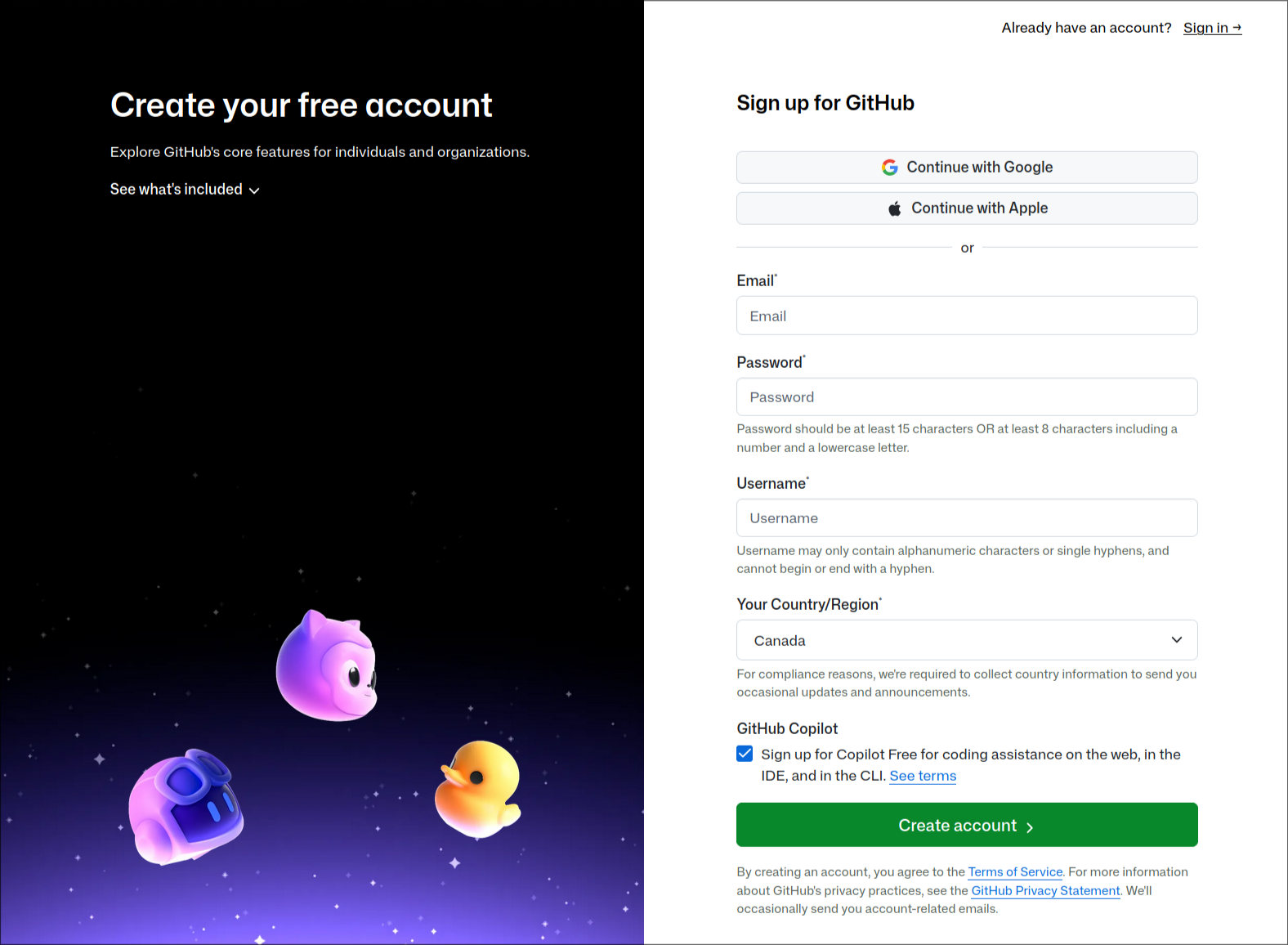 The GitHub sign-up page at github.com