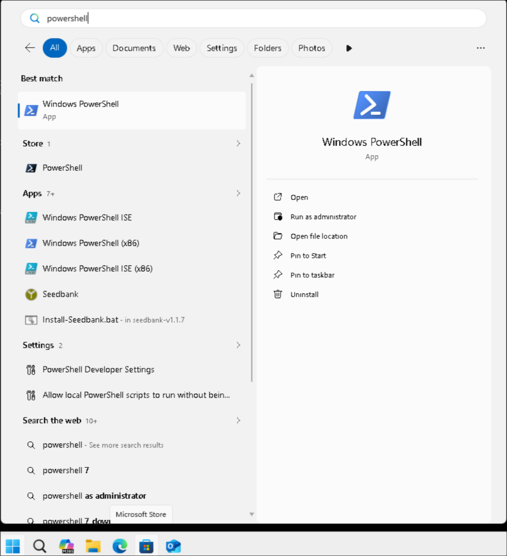 The Windows Start menu with PowerShell typed in, Windows PowerShell highlighted in the results