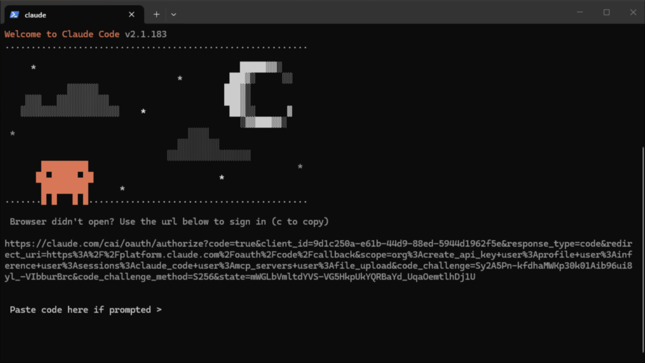 The terminal showing a sign-in link and code because the browser did not open automatically