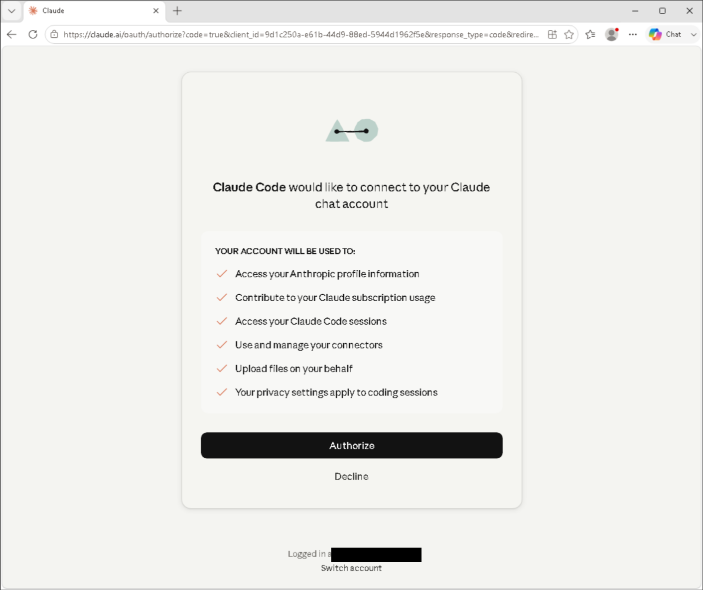 The Claude sign-in page open in a browser after pasting the link