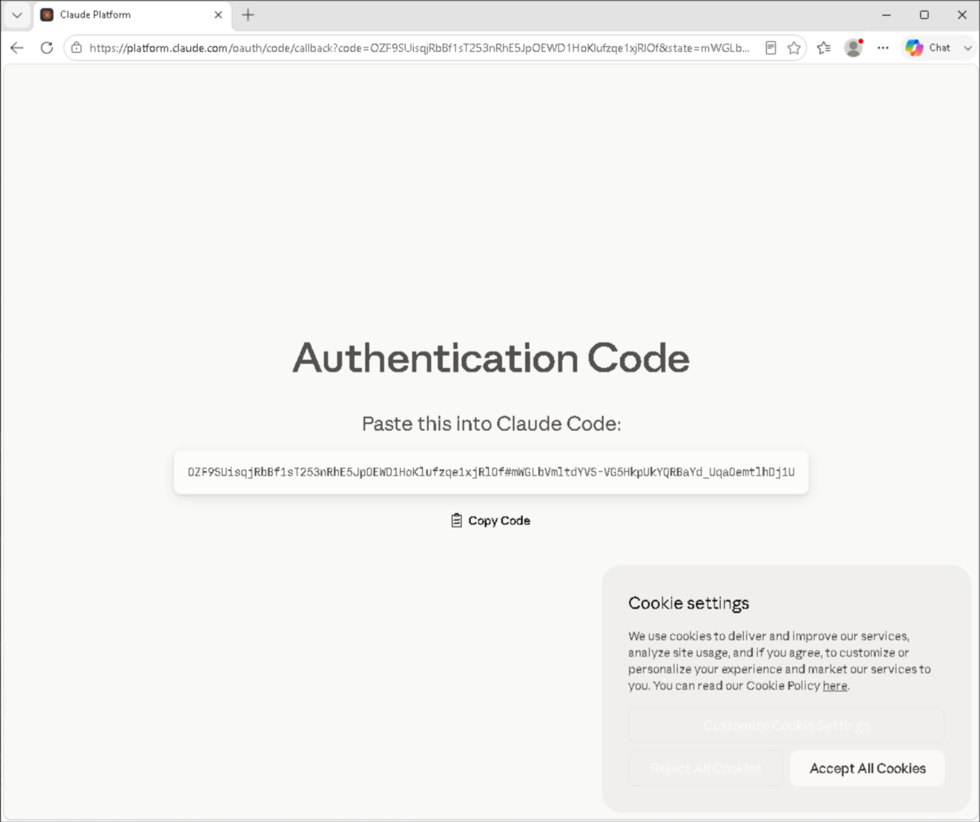Pasting the confirmation code from the browser back into PowerShell