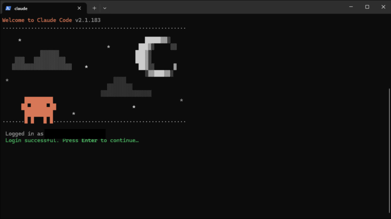 The terminal showing a successful Claude Code login