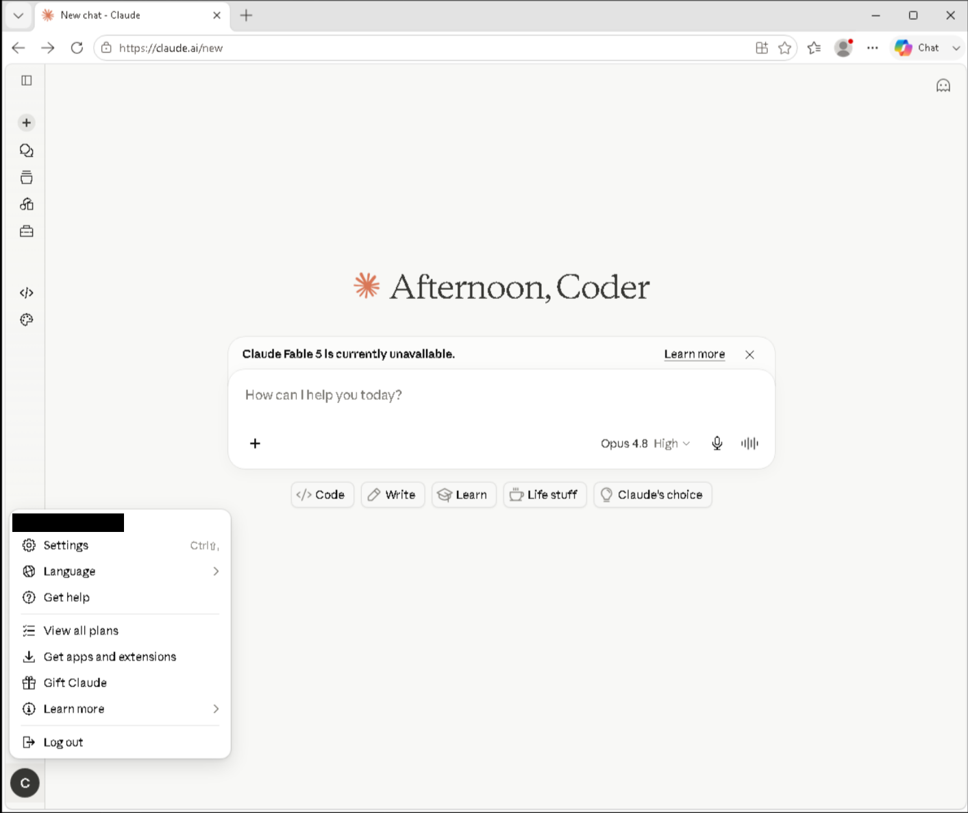 The Claude website with the account menu open in the bottom-left corner, showing the Settings option