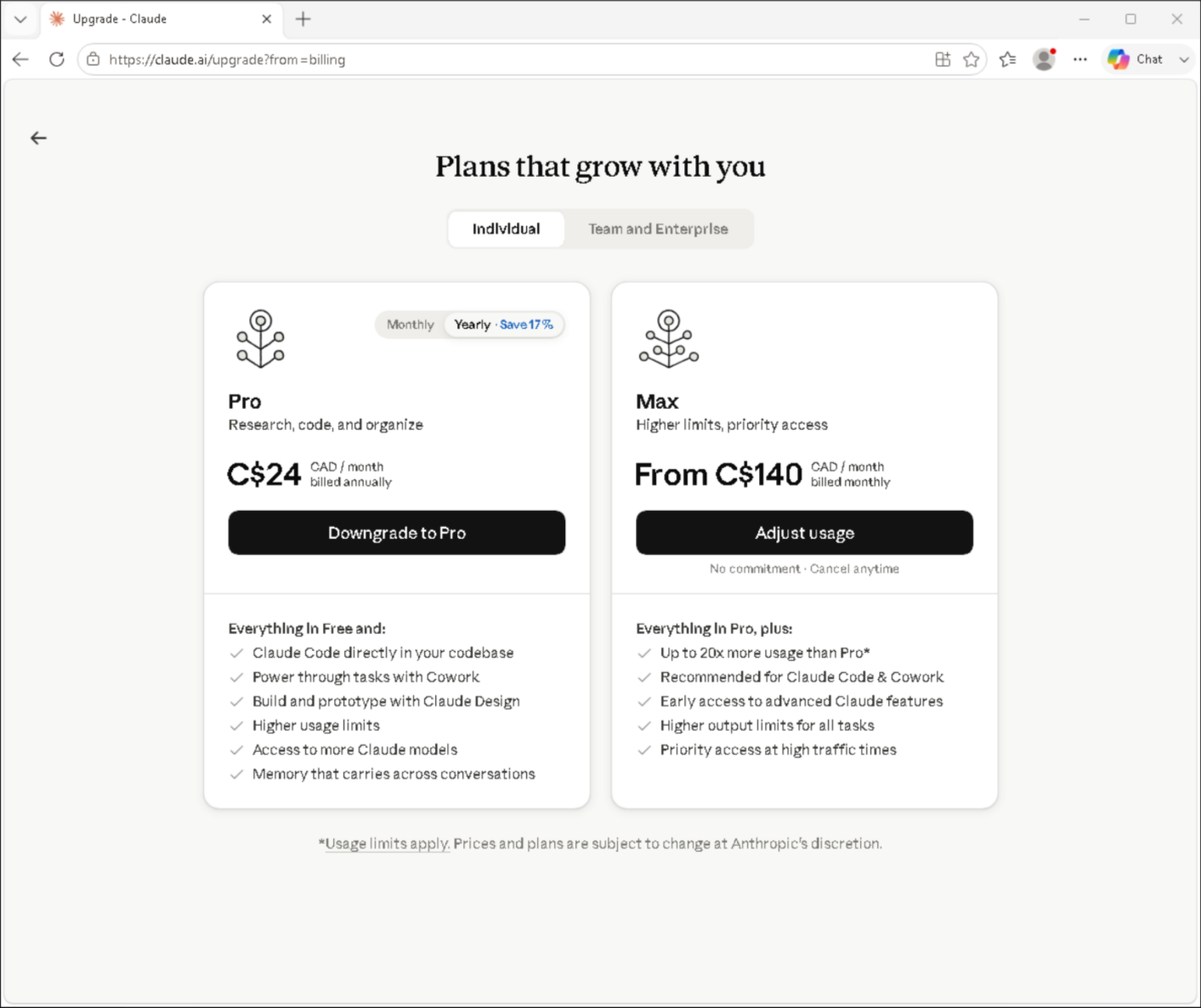 The Claude plan screen showing Pro at about $24 CAD per month and Max from about $140 CAD per month