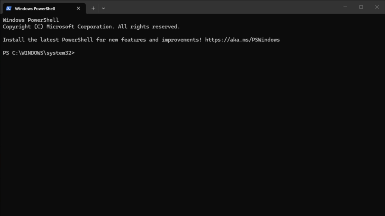 An empty PowerShell window showing just a prompt and a blinking cursor