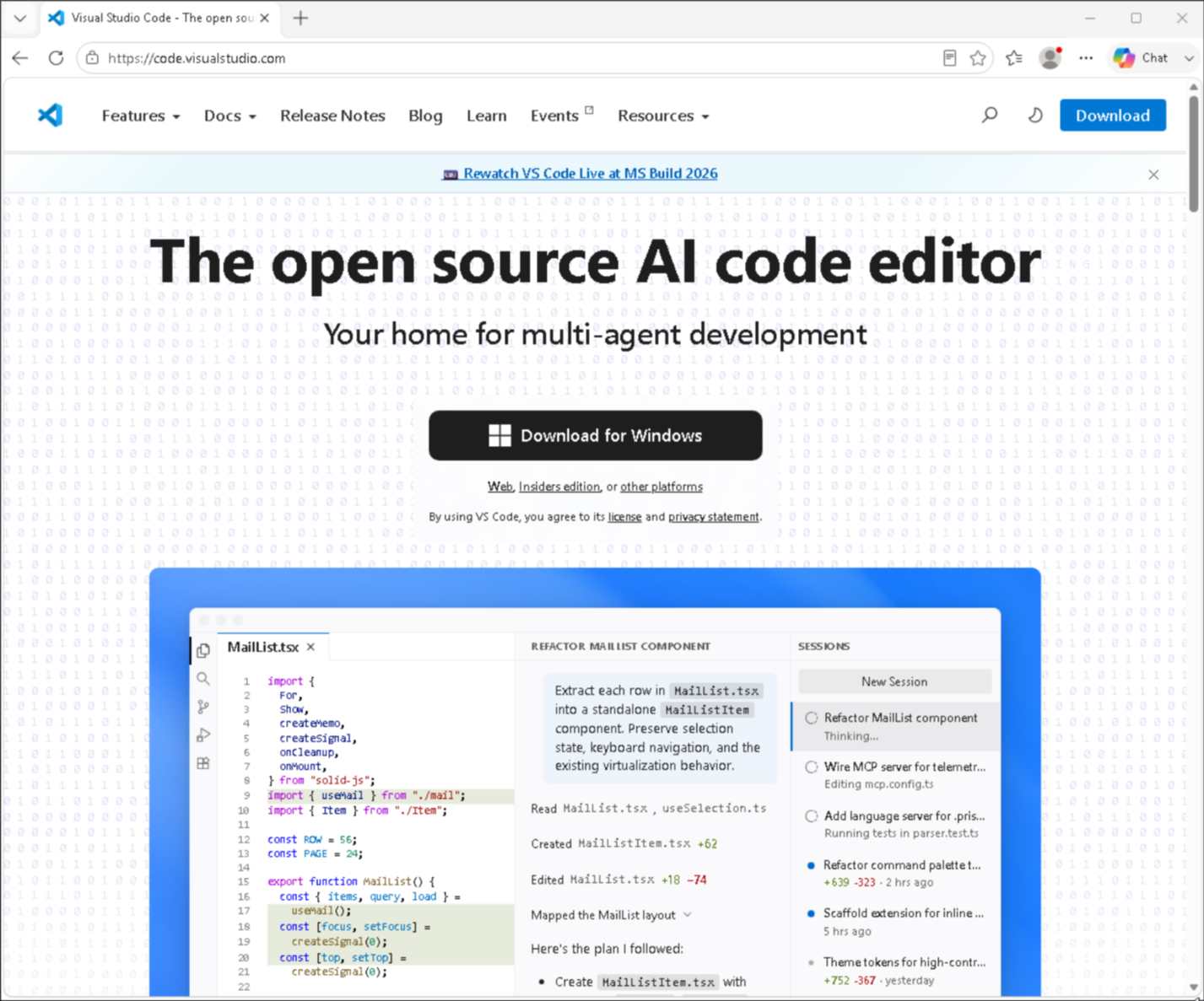 The VS Code download page with the Download for Windows button