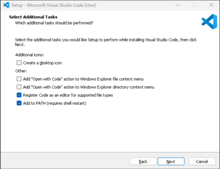 The VS Code installer 'Select Additional Tasks' screen with 'Add to PATH' ticked