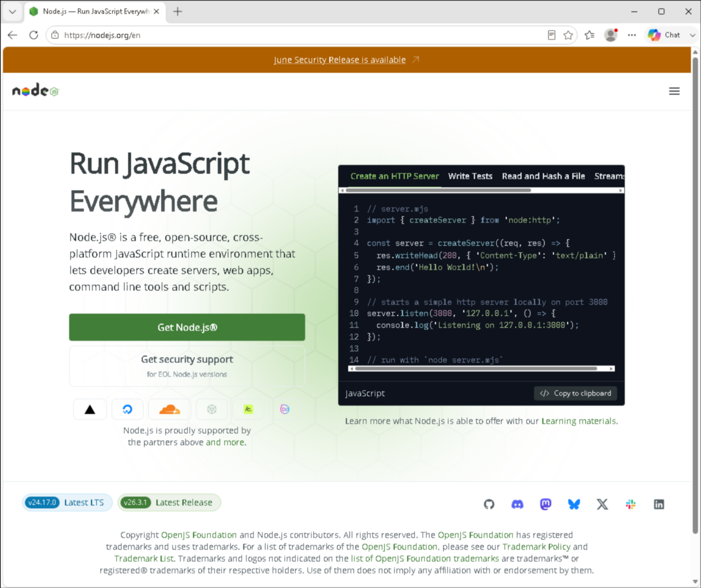 The Node.js download page showing the LTS download option