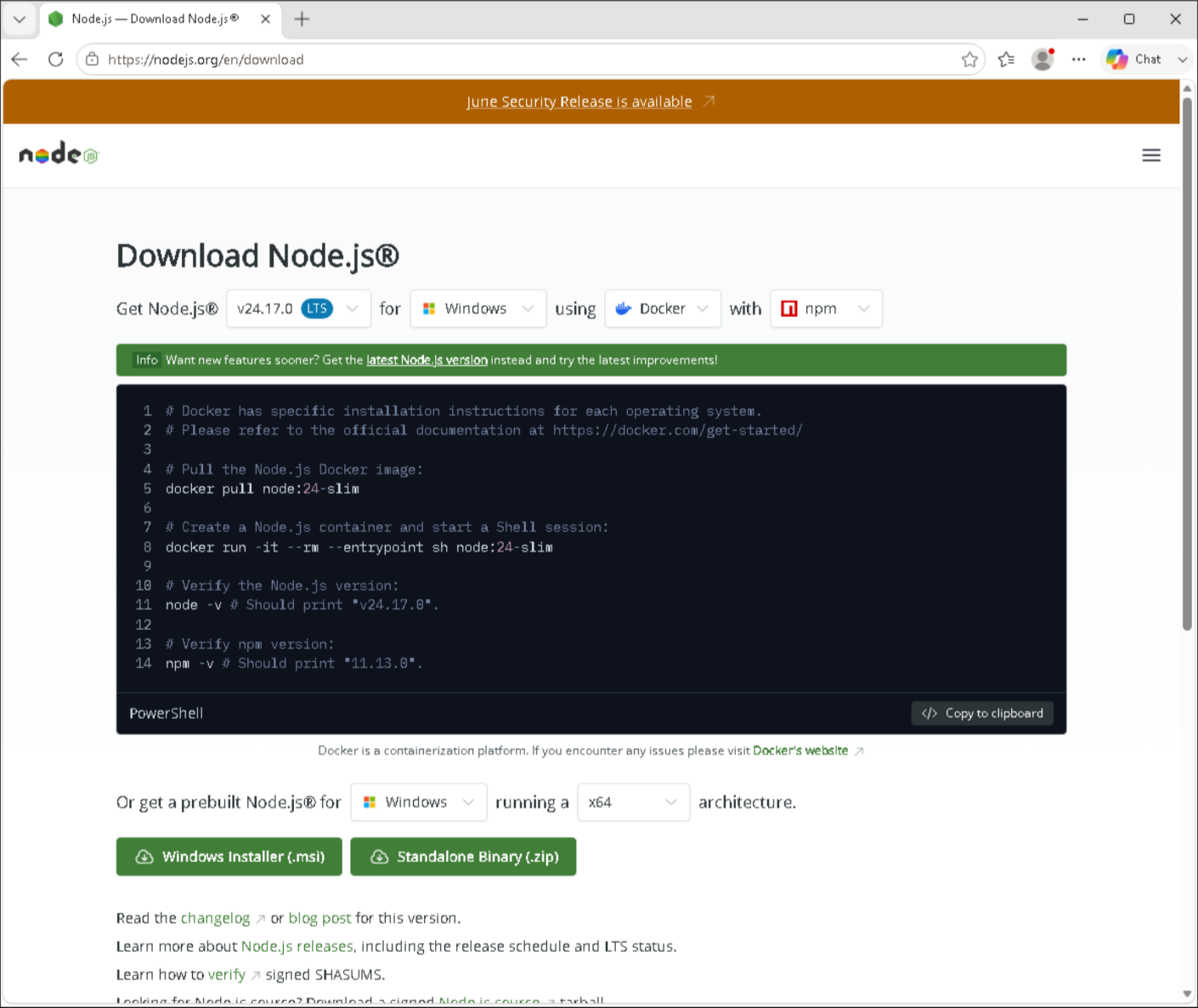 The Node.js download page, alternate view of the LTS option