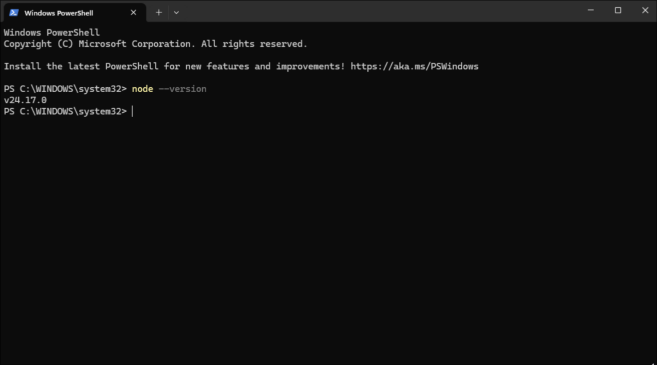 PowerShell showing the output of node --version, a version number like v22.14.0