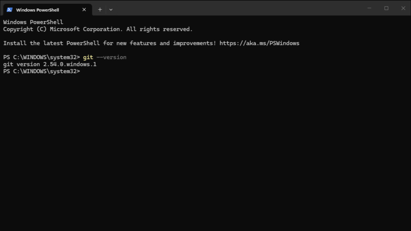 PowerShell showing the output of git --version