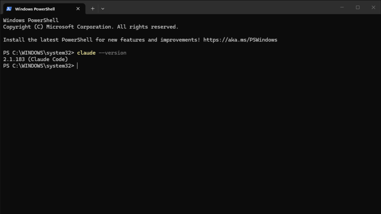 PowerShell showing claude --version printing a version number after the PATH fix