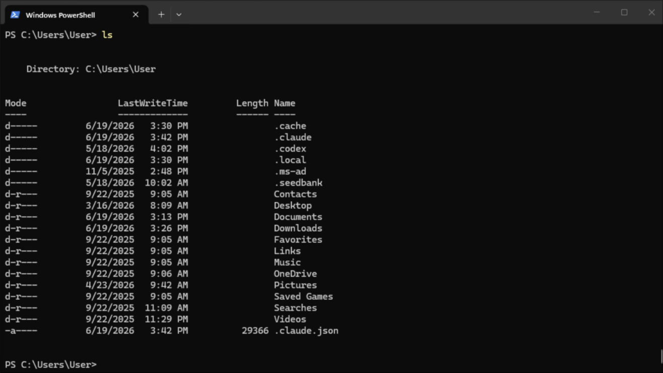 PowerShell showing the output of ls in the home folder, a table of folders like Documents, Downloads, Desktop