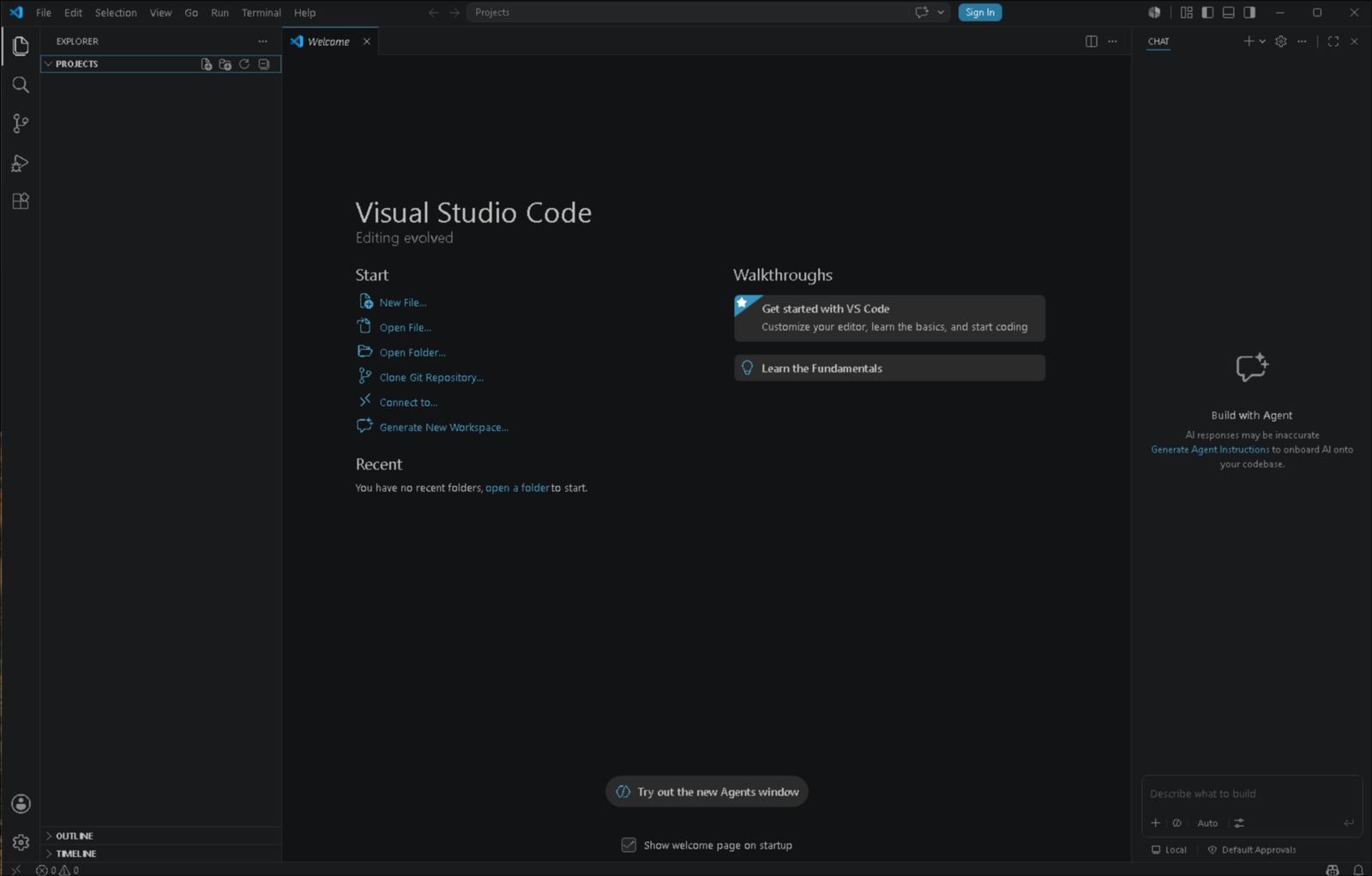 VS Code open on the empty about-me project folder with the file explorer on the left