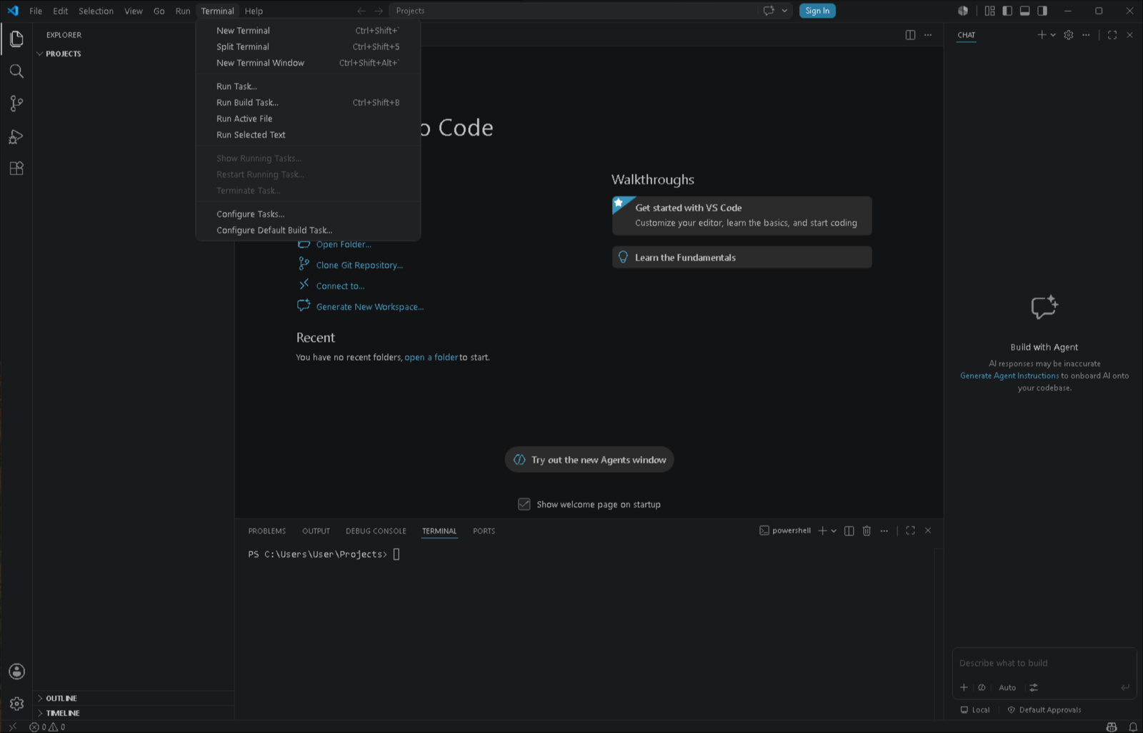 VS Code with the integrated terminal open along the bottom, the word PowerShell visible at the top-right of the terminal panel
