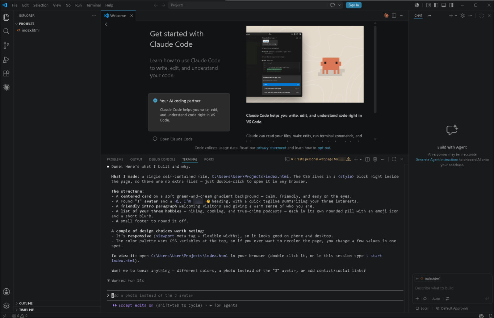 VS Code file explorer showing new files like index.html that Claude created