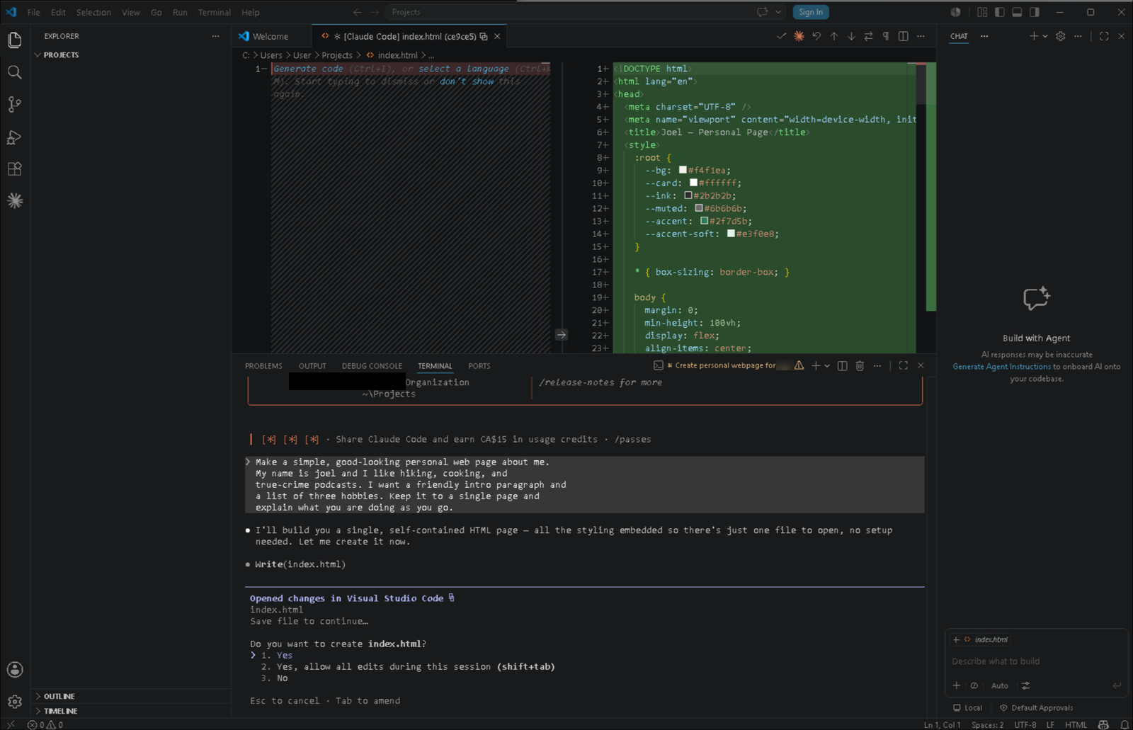 Claude Code asking for permission to create a file, with approve options