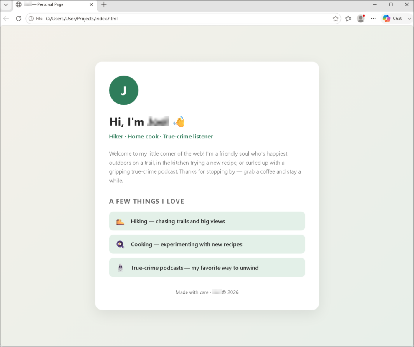 The finished about-me page rendered in a web browser
