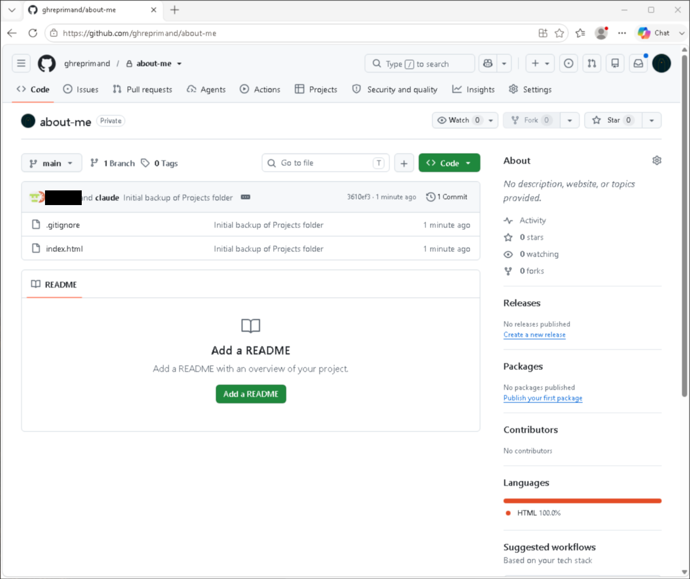 The new about-me repository on GitHub with a 'Private' label next to its name