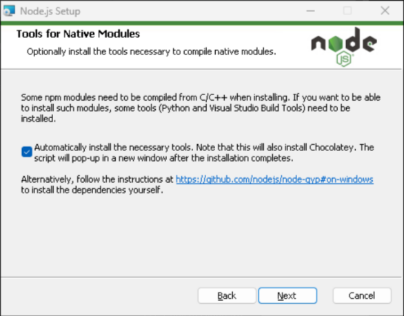 The Node installer checkbox offering to automatically install tools for native modules