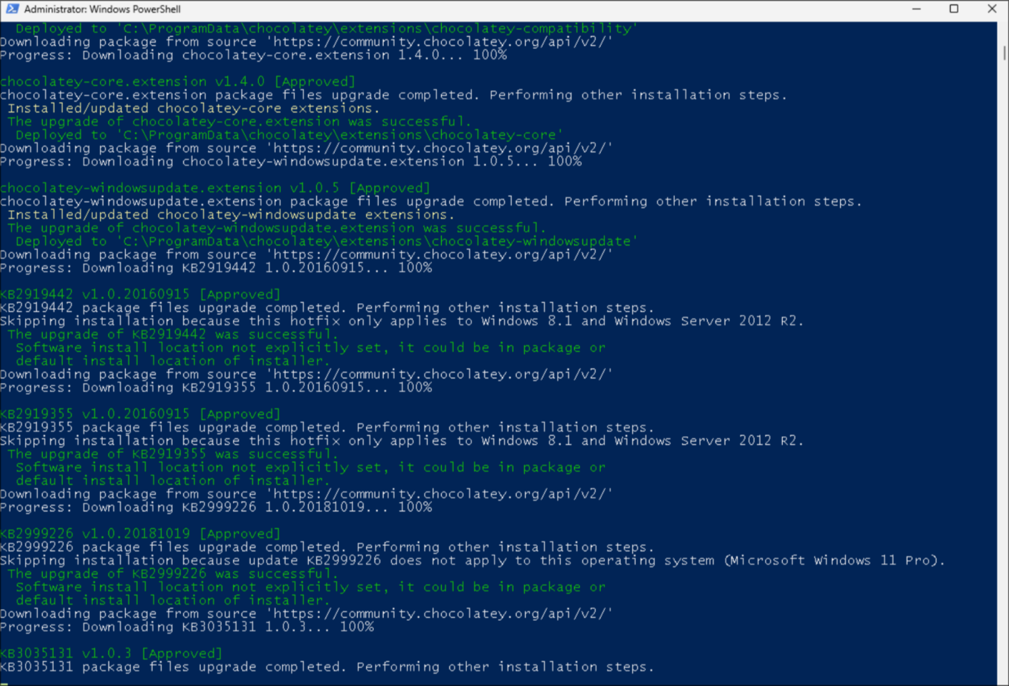 A PowerShell window automatically installing extra Node tools, with lots of scrolling text