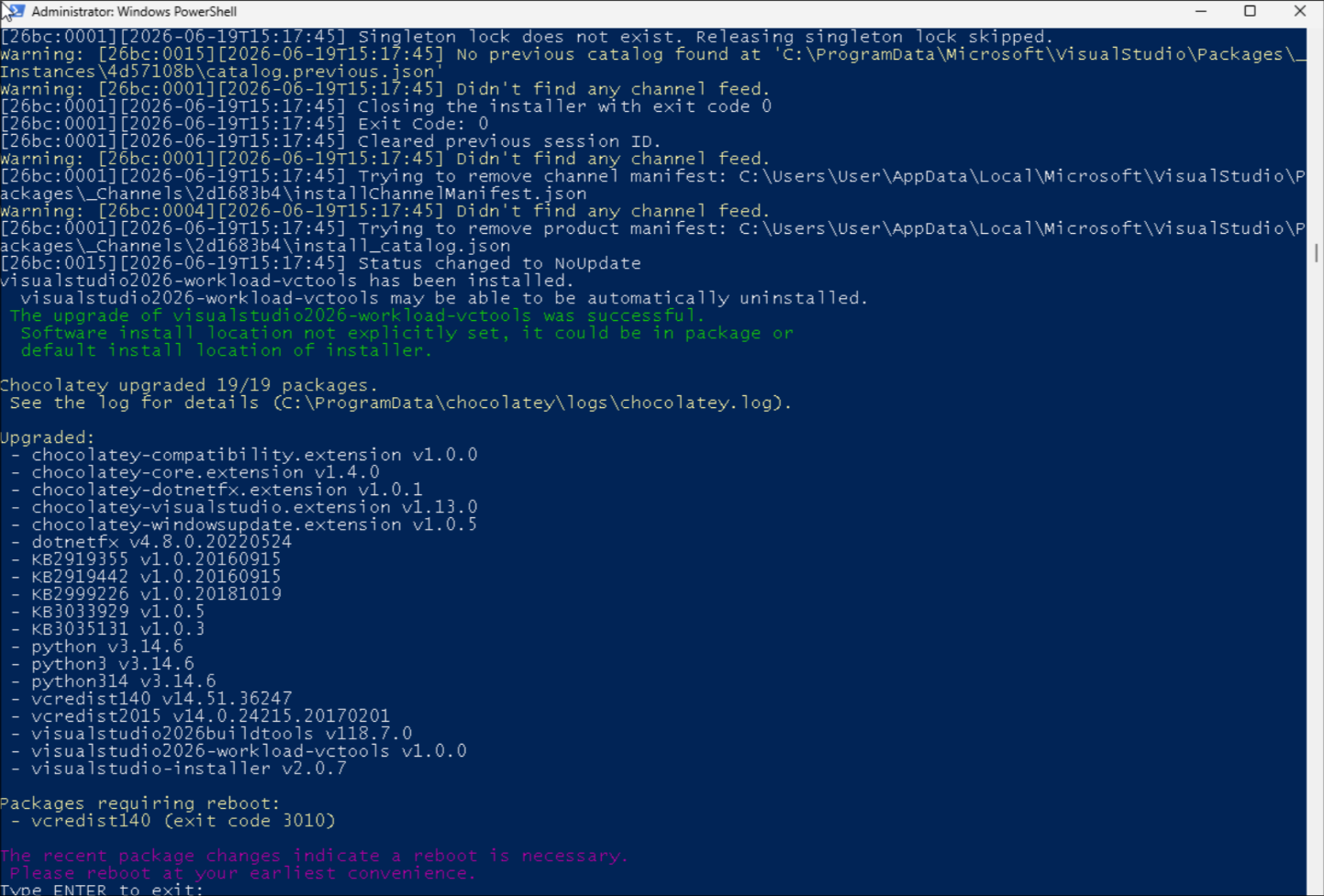 A message saying a reboot is required after installing the Node native tools
