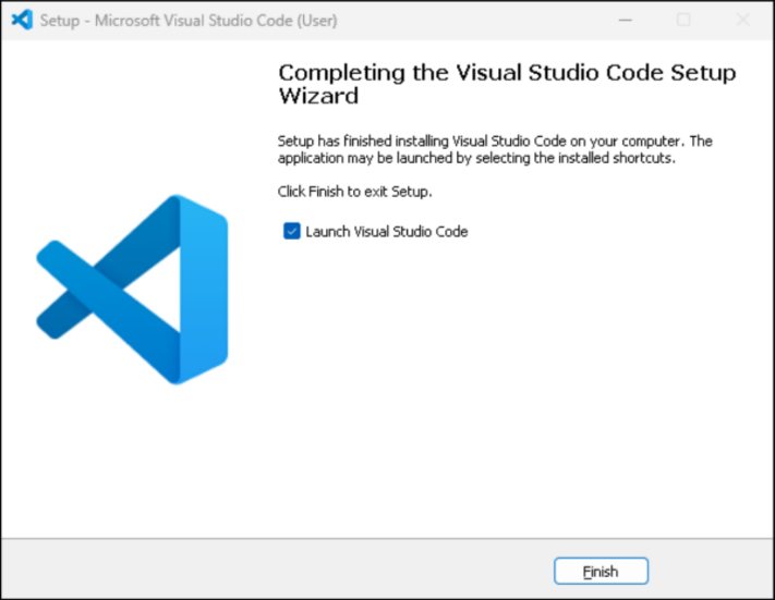 The final VS Code installer screen with a 'Launch Visual Studio Code' checkbox