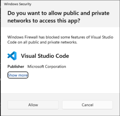 A Windows Security Alert popup about network access appearing over VS Code